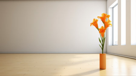 the vase with flowers is a stunning addition to any room with white walls. the orange hues of the flowers pop against the minimalist background, creating an abstract and modern aesthetic. this photo is perfect for those who appreciate minimalism and are drawn to hdr and 3d photography. the minimalist stage design adds to the overall simplicity of the image, making it a great additionの素材