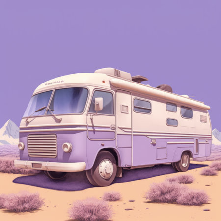 camper van enthusiasts will love this stunning white van with purple backgrounds in the desert. the graphic novel realism style of the hyperrealistic illustrations is truly impressive. captured using a yashica t4 camera, the trace monotone effect adds a unique charm to the character illustrations. the colorful moebius design is eye-catching and the photorealistic detail is simply breathtaking. this photo is a must-see for anyoneの素材