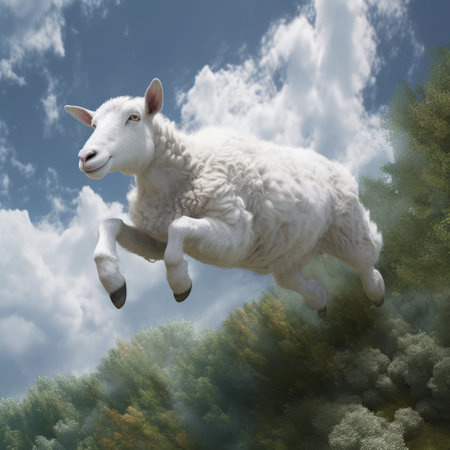 the white sheep is captured in flight, soaring high in the sky with a naturalistic rendering that showcases its realistic and hyper-detailed features. the style of the image is reminiscent of the works of don bluth, with a touch of tenebrous and sumatraism that adds depth and texture to the scene. the realist lifelike accuracy of the sheep's form is a testament to the artist'sの素材