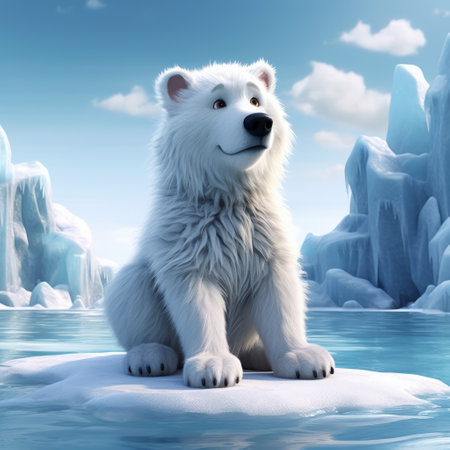 the little bear from frozen animation is captured in a stunning photorealistic representation, digitally enhanced to bring out every detail. the bear is depicted in a chilling environment, surrounded by ice and snow, with a stark and unfiltered backdrop that adds to the character of this animal portrait. the light white and white tones of the image create a spectacular contrast against the bear's fur,の素材