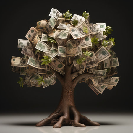 money tree with a unique money concept is captured in this photograph on a grey background. the style of earthy expressionism is evident in the use of zeiss batis 18mm f28 lens and iso 200. the harlem renaissance influence is seen in the dark brown and green hues, while the luminous sfumato technique adds depth to the image. the photograph is a perfect representation ofの素材