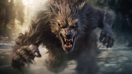 this monster wallpaper features a fierce werewolf engaged in a battle with a monstrous creature. the wallpaper is designed in the style of tilt-shift lenses, with a resolution of 32k uhd, providing realistic and hyper-detailed renderings. the dark gray background adds to the intensity of the scene, while the digitally enhanced and romanticized depictions of the wilderness create a captivating atmosphere. the motion blur effectの素材
