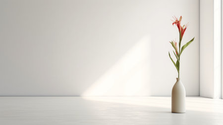 the vase with flowers is a stunning addition to any minimalist background. the sunrays shining upon it create a beautiful contrast of light and shadow. this 8k 3d image captures the essence of simplicity with its sparse, light white and white background. the light red flowers add a pop of color to the overall aesthetic. perfect for minimalist portraits or any design project that requiresの素材