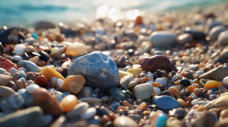 colored stones arranged in the sand create a stunning visual in this image captured with the lensbaby composer pro ii with edge 50 optic. the serene maritime themes are enhanced by the sunrays shining upon the stones, creating a beautiful contrast of blue and amber hues. the realistic hyper-detail of the stones and sand is brought to life with the unreal engine 5, making itの素材