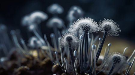 the close-up shot of a flower in the style of cellular formations is a stunning masterpiece. the dark background highlights the light silver and navy hues of the petals, creating a whimsical wilderness effect. this national geographic photo is a perfect example of mushroomcore, showcasing the beauty of nature in a unique way. the realistic still life with dramatic lighting adds depth and dimension toの素材