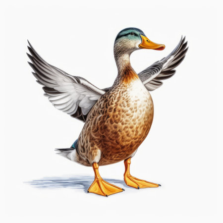 this hyper-realistic illustration depicts a male mallard duck standing tall in the wind. the intricate details of the shading bring out the playful character of the duck, while the light brown and cyan colors add a touch of vibrancy to the overall design. the full-body illustration is reminiscent of the style of arthur sarnoff, and the attention to detail is reminiscent of the work ofの素材