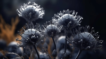 rainy thistles with rain drops on the leaves are captured in this national geographic photo, showcasing delicate sculptures in a hyper-realistic sci-fi style. rendered in unreal engine, the dark silver and dark blue hues create a moody atmosphere, while the backlight illuminates the intricate details of the thistles. this flowerpunk-inspired image is a stunning example of the beauty found in nature, even on a rainyの素材