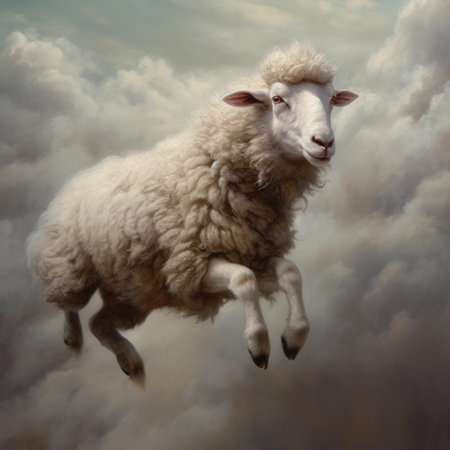 the majestic sheep named jack stevens is captured in this stunning photograph, soaring high in the clouds. the image is inspired by the works of martin wittfooth, jessica drossin, and scott rohlfs, featuring characterized animals in a classical romanticism style. the photograph is taken with a nikon af600 camera, ensuring ultra-high definition quality. the image is a perfect representation of the beauty and freedom ofの素材