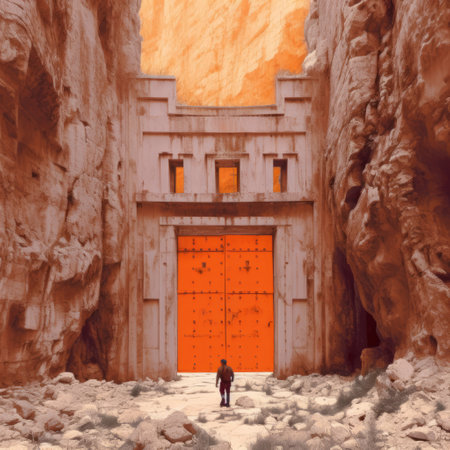 a lone figure strides through a rugged passageway in the desert, surrounded by towering rock formations. the scene is reminiscent of art deco futurism, with a bold orange color palette and a sense of abandoned spaces. the imposing monumentality of the landscape is captured in the style of artists such as michael komarck, ben templesmith, and simeon solomon. this striking image evokes a sense ofの素材