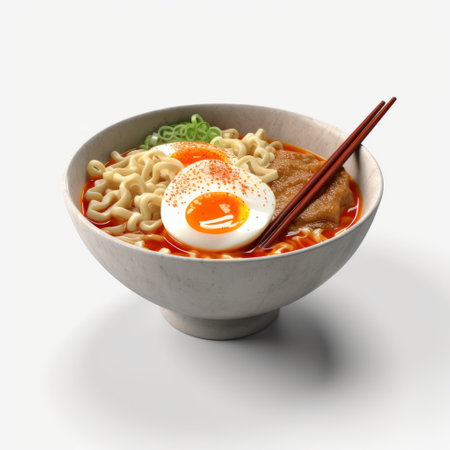 japanian egg noodles are beautifully presented in a bowl with japanese chopsticks in this 3d model preview no 4. the image is styled after the iconic hasselblad 500cm camera and features a stunning orange and gray color scheme. digitally enhanced with photo-realistic techniques, this image captures the essence of japan's culinary culture. the light red hue of the noodles contrasts perfectly with the bowl andの素材