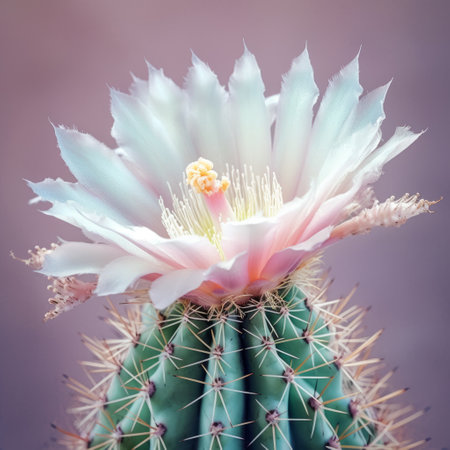 cactus flower in a purple background, captured in hyperrealistic style with post-processing in light cyan and white. the image showcases graceful balance and captures the essence of nature. the fantastical and imaginative creatures in the background add a touch of whimsy to the composition. the use of light gold and pink hues enhances the overall beauty of the photograph, making it a stunning example ofの素材