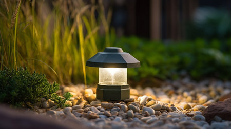 the light fixture stands out in the middle of the landscape, showcasing the solarizing master's style. the shallow depth of field emphasizes the dark gray and light bronze colors, while the pointillist precision adds a unique touch. crafted with eco-friendly materials, the luminous lighting creates a warm and inviting atmosphere. however, the harsh lighting also adds a touch of drama to the scene. ai generatedの素材