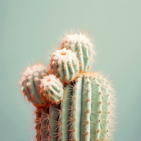 cactus plant with yellow and blue leaves is captured in a high-key lighting style against a turquoise background. the image features a beautiful blend of light pink and light emerald colors, with hints of light brown and light emerald. the soft and rounded forms of the cactus are highly detailed, thanks to the focus stacking technique used by the photographer, mikko lagerstedt. this stunning photoの素材