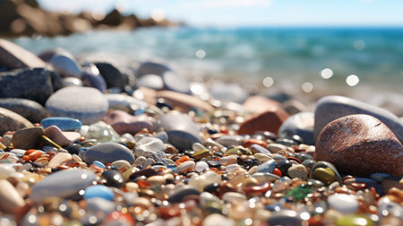 pebbles on the beach create a mesmerizing sight with the water in the background. the photo is captured in the style of tilt-shift lenses, which adds a unique perspective to the image. the hypercolorful dreamscapes and mediterranean landscapes make the photo even more captivating. the polished craftsmanship of the photo is evident in the way mundane materials are transformed into a work of art. theの素材