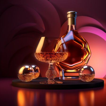 this 3d illustration showcases a glass of expensive alcohol surrounded by sparkling stars, set against a black background. the artwork is created in the style of light magenta and bronze, inspired by baroque still lifes. cyril rolando's vray tracing technique and textural explorations are evident in the warm tones of dark orange and light amber. this piece is a stunning example of the artist's abilityの素材