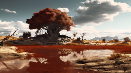 the desert map showcases a stunning earth-colored landscape, crafted in the style of daz3d. the silver and crimson hues add a touch of elegance to the naturalistic scenery, while the atmospheric animal paintings and ethereal trees create a romantic and dramatic ambiance. the saturated pigment pools add depth and texture to the landscape, making it a perfect fit for national geographic photo collections. this desertの素材