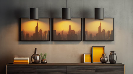 this modern city scene framed photo art print captures the essence of urban life with its dark black and dark amber tones. the realistic still life is enhanced by dramatic lighting, creating a stunning visual effect. the lightbox adds depth and dimension to the piece, while the glazed earthenware adds a touch of texture. the photo was taken with a nikon d750, ensuring high-quality resolutionの素材