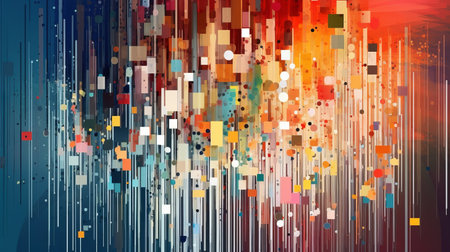 this abstract painting features colorful squares set against a dark sky, showcasing a digital and glitchy style. the piece is characterized by drips and splatters, with dark orange and light cyan hues creating a futuristic fragmentation effect. the colorful geometric abstractions are complemented by confetti-like dots, resulting in a stunning technological art piece that is sure to captivate viewers. with its unique blend of colorsの素材