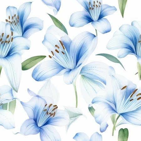 blue lilies with leaves are beautifully captured in this repeating pattern on a white background. the delicate realism of the design is truly stunning, showcasing the beauty of nature-based patterns. the light brown and sky-blue hues of the flowers create a calming and serene atmosphere, making this pattern perfect for a variety of applications. whether you're looking to add a touch of elegance to yourの素材