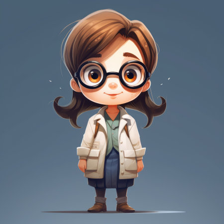 this cartoon character illustration depicts a charming lady with glasses, created in the style of soft edges and atmospheric effects. the artwork showcases texture exploration and highly detailed figures, reminiscent of scientific illustrations. the illustration is inspired by the quito school and features a lit kid, adding to the overall charm of the piece. the lady's glasses are a prominent feature, adding to the scientificの素材