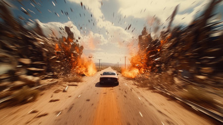 a car speeds down the road, leaving a trail of dust and smoke behind it as an explosion erupts in the background. the dynamic and action-packed scene is captured in the style of ray tracing, emphasizing emotion over realism. the light brown and emerald tones add to the intensity of the moment. the photograph is the work of joachim brohm, a member of the groupの素材