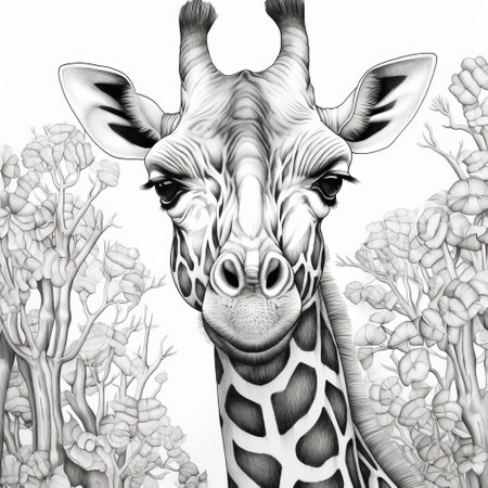 giraffe head graphite drawing: this detailed comic book art style graphite drawing showcases the innocent and cartoonish head of a giraffe, drawn in frontal perspective. the highly detailed foliage surrounding the giraffe adds to the realistic hyper-detail of the drawing. bold black and whites and dramatic shading techniques are used to create a stunning and eye-catching piece of art. this drawing is perfect for animalの素材