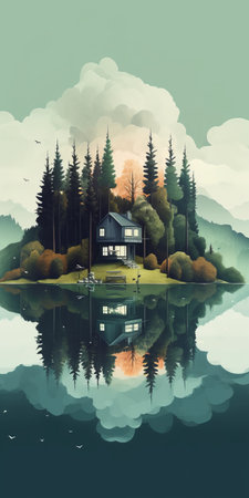 a serene white lake is the backdrop for a simple house and trees on an island, depicted in hyperrealistic style. the moody color palette features dark teal and light amber, creating a sense of tranquility and calmness. the detailed character illustrations are mirrored, with light green and dark gray tones adding depth and dimension. the flora and fauna are also intricately depicted, adding to theの素材