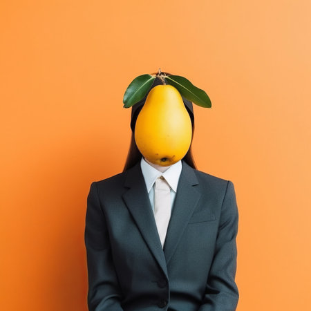 a woman wearing a business suit stands with a lemon balanced on her head. the image is a prime example of minimalistic surrealism, with a touch of playful installations and conceptual minimalism. the orange and avocado punk color scheme adds to the overall aesthetic, while the emotive face of the woman adds depth to the image. the pigeoncore vibe of the photo is undeniable, makingの素材