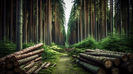 the forest shot showcases the beauty of the woods in an industrial landscape style. the photo-realistic landscape captures the essence of nature in a symmetrical arrangement, making it a perfect fit for national geographic. the use of terragen technology and 32k uhd resolution adds depth and detail to the image, making it stand out from the rest. the piles and stacks of wood in theの素材