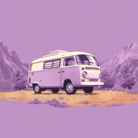 the purple vw van parked in a field is a stunning graphic design-inspired illustration. the mountainous vistas in the background add a touch of realism to the soft, tonal colors used in the image. this editorial illustration is captured in 32k uhd, making it a high-quality image that is perfect for use in various projects. the ivory color of the van contrasts beautifully with theの素材