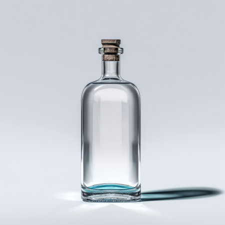 glass bottle for water, meticulously crafted in a photorealistic still life style, featuring a light gray and cyan color scheme. this stunning piece was rendered in cinema4d, with minimal retouching, resulting in an ultra-high-definition image that exudes understated elegance. perfect for absinthe culture enthusiasts, this empty bottle is a work of art that will add a touch of sophistication to any space. keywords: glass bottle,の素材