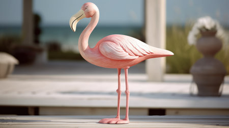a realistic and detailed rendering of a pink flamingo figurine is showcased in this photo, set against a beautiful coastal patio backdrop. the figurine is made of wood and features a sleek, brightly colored design that perfectly captures the essence of these beautiful birds. the use of physically based rendering and zbrush techniques adds to the lifelike quality of the image, making it a stunningの素材
