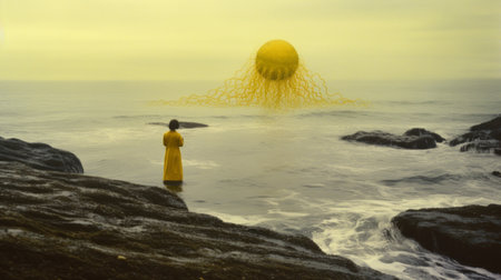 a young woman stands gracefully in the water, wearing a vibrant yellow dress that pops against the surreal 3d landscape behind her. the image evokes the styles of nuclear art, atmospheric installations, and traditional oceanic art, while also calling to mind the works of artists like jun kaneko, robert bissell, and ursula von rydingsvard. with its dreamlike quality and striking use of color, this photographの素材