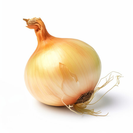 the onion in this photo is displayed on a white base against a white background. the style of the image is digitally enhanced, with light yellow and light brown hues creating a hyper-realistic portrayal of light and shadow. this low-resolution image is available on flickr under a creative commons attribution license. while the photo does not feature any animals, it is part of a collectionの素材