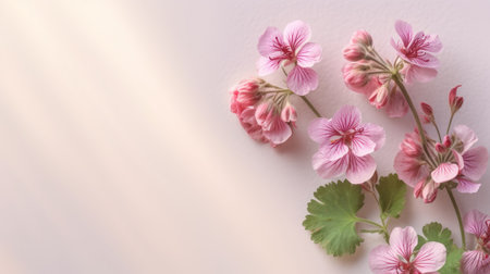 pink geranium flowers with thin stems and green veins are captured in this photograph, set against a clean white background. the nostalgic painting style adds a romantic charm to the image, with light gold and pink hues creating an asymmetrical composition. shot on fujifilm velvia, the japanese traditional film, the sparse background allows the delicate flowers to take center stage. this photo is perfect forの素材