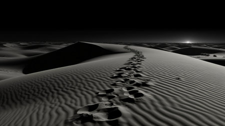 desert footprints at night: a stunning black and white snapshot of a desert landscape, captured in the style of oliver wetter and rashad alakbarov. the image features a series of footprints, hinting at a passage or exploration of identity. the dark silver and beige tones create a moody and mysterious atmosphere, while the shallow depth of field draws the viewer's eye to the intricate detailsの素材