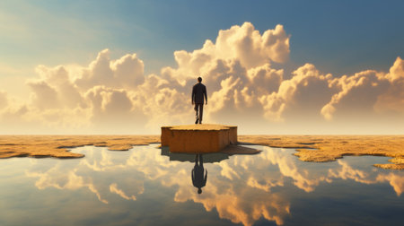 a businessman is standing in a boat, surrounded by a vast body of water, in a surreal and dreamlike landscape. the image features reflex reflections, ethereal cloudscapes, and a surreal sculpture. the golden light adds to the overall dreamy effect of the picture. this uhd image is available under the creative commons attribution license. the keywords related to this image include businessman, boat, water, surreal,の素材
