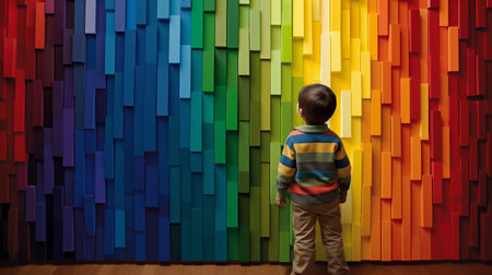 the little boy stands in awe before the vibrant wall of rainbow-colored art. the wall, created in the style of stereoscopic photography, features hard-edge color fields and layered veneer panels. the design, reminiscent of the work of tadao ando, is sculptural and bold. the selective focus of the photo draws the eye to the boy's wonderment, while the art behind him adds depth and dimensionの素材