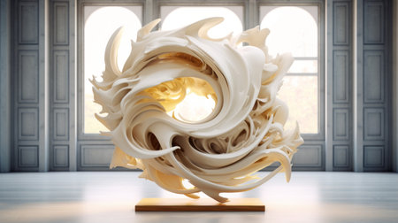 this artistic abstract sculpture is a stunning example of sculptural art in space. the swirling vortexes in light white and light gold create a mesmerizing effect that draws the viewer in. the sculpture is a beautiful blend of realistic anamorphic art and lush baroque still lifes. the organic architecture is evident in the detailed rendering of the sculpture, which is captured in stunning uhd imageの素材
