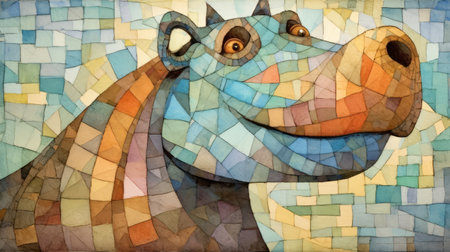this stunning oil on canvas artwork features a colorful tile design of a hippo's head, created in the style of crystal cubism. the naturalistic and atmospheric animal paintings are beautifully complemented by the luminous watercolors, which add a touch of light blue and bronze to the piece. the dragon art and humorous caricature elements make this artwork truly unique and eye-catching. perfect for any artの素材
