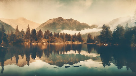 this vintage-style painting depicts a serene mountain landscape with a reflection in the water. the sepia-toned photography style adds a touch of nostalgia to the image, while the light teal and amber hues create a warm and inviting atmosphere. the misty ambiance adds to the overall sense of tranquility. the use of zeiss ikon zm camera enhances the quality of the image, capturing the atmosphericの素材