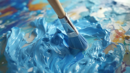 the blue paintbrush in this photo is held in an artistic style, perfect for creating fluid blending forms on large canvases. with a focus on realistic detailing and neo-plasticist techniques, this brush allows for exacting precision in every stroke. the saturated pigment pools and wavy resin sheets created with this brush are sure to impress any art enthusiast. ai generatedの素材