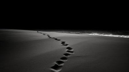 footprints in the sand captured in a stunning black and white landscape photo. the night photography style adds a touch of mystery and intrigue to the image, while the multilayered realism creates a sense of depth and texture. this creative commons attribution photo is a true work of art from tonga, showcasing the beauty of nature in a unique way. the sharp and prickly detailsの素材