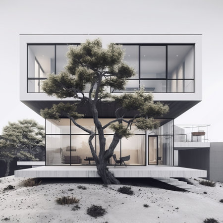 this modern house boasts a unique tree structure and geometric form, all in a stunning 8k resolution. the white house is captured in a moody and atmospheric light, with a flattened perspective that adds to its oriental minimalism. the muted color palette and delicately rendered landscapes create a sense of calm and serenity, making this uhd image a perfect addition to any modern home. aiの素材