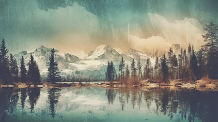 this stunning art print showcases a breathtaking view of mountains and water, captured in the style of retro filters. the image is in uhd quality, with a teal and beige color scheme that adds a poetic touch to the pastoral scenes. the print is reminiscent of the frostpunk era and is sure to leave you in awe of its beauty. the kodak retina technology usedの素材
