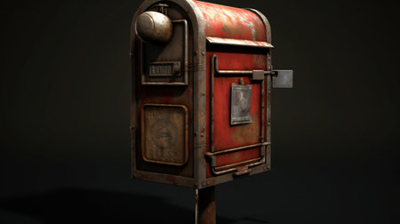 this wall-mounted mailbox is a stunning piece of royalty-free digital art. the 3d model is designed in the style of post-apocalyptic worlds and pinhole cameras, and rendered in unreal engine for an eerily realistic effect. the mailbox features a striking red and amber color scheme, reminiscent of the game frostpunk. the hyper-realistic details of this piece make it a must-have for any fan of digitalの素材