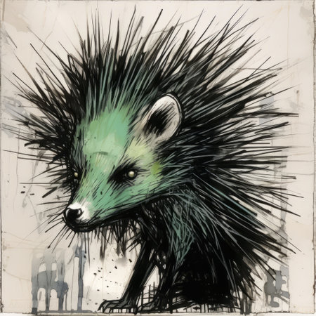 the hedgehog in steve hansen's cartoon is depicted in a stunning black and white drawing, reminiscent of colorful ink wash paintings. the cyber punk surrealism style adds a touch of green and cyan to the image, while the realistic animal portrait captures the essence of the hedgehog. the light green and bronze hues create a unique contrast, highlighting the decay and decayed elements of theの素材