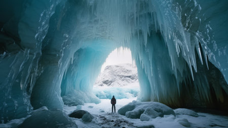 a person stands in a deep ice chamber surrounded by an impressive amount of ice in this contemporary canadian art photograph. the ethereal subject is captured using the tokina at-x 11-16mm f/2.8 pro dx ii lens, creating a whimsical wilderness feel. the impressive panorama showcases the passage through the ice chamber, making it a perfect addition to any collection of epic landscapes. ai generatedの素材