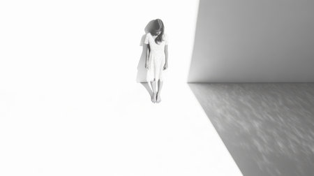 the woman in the white dress stands alone in an empty space, her figure illuminated by the stark contrast of light and shadow. the 8k 3d technology captures every detail of her monochromatic chaos, while the kodak vision3 film adds a timeless quality to the image. suspended in mid-air, the woman's hanging pose creates a sense of tension and intrigue. the flattened perspective adds toの素材