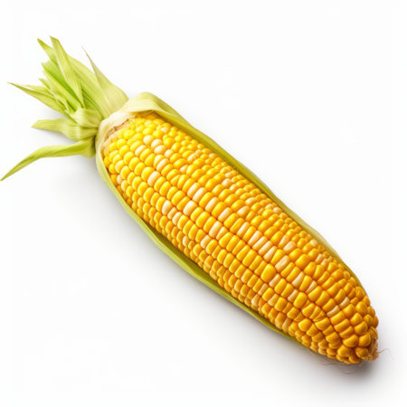 kernels of corn take center stage in this striking image captured in the style of firmin baes, duckcore, and weathercore. against a clean white background, the vibrant yellow hues of the corn are emphasized, creating a visually stunning effect. the image has been colorized to further enhance the natural beauty of the corn, while the use of iso 200 and folknave techniques add depth andの素材